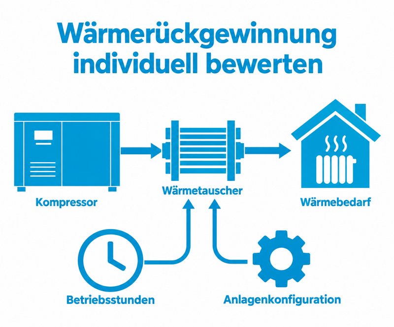 Schematische Wärmerückgewinnung vom Kompressor über einen Wärmetauscher. Betriebsstunden, Anlagenkonfiguration und Wärmebedarf sind für die Bewertung maßgeblich.